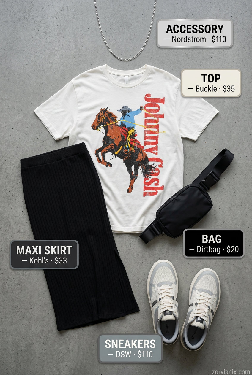 Streetwear Summer Maxi Skirt and Sneakers Outfits 2026: Black maxi skirt, graphic tee, sneakers, belt bag, and silver necklace.