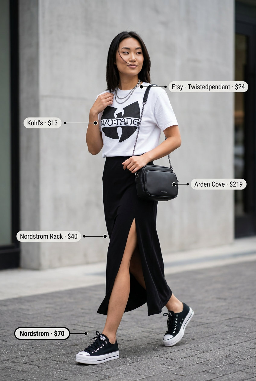 Summer Maxi Skirt and Sneakers Outfits 2026: Black maxi skirt, graphic tee, and chunky platform sneakers for an edgy look.