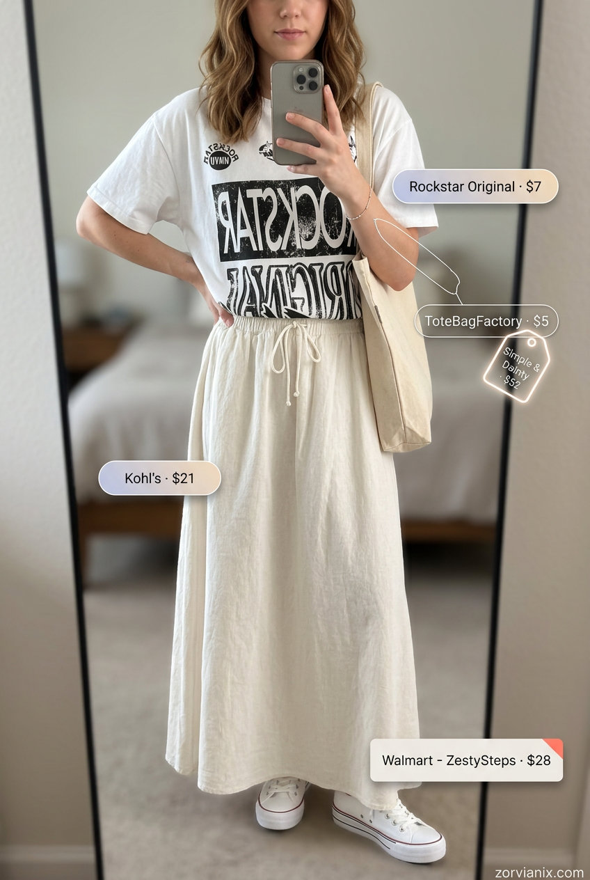 Summer Maxi Skirt and Sneakers Outfits 2026: Beige linen maxi skirt, graphic tee, canvas sneakers, and tote bag.
