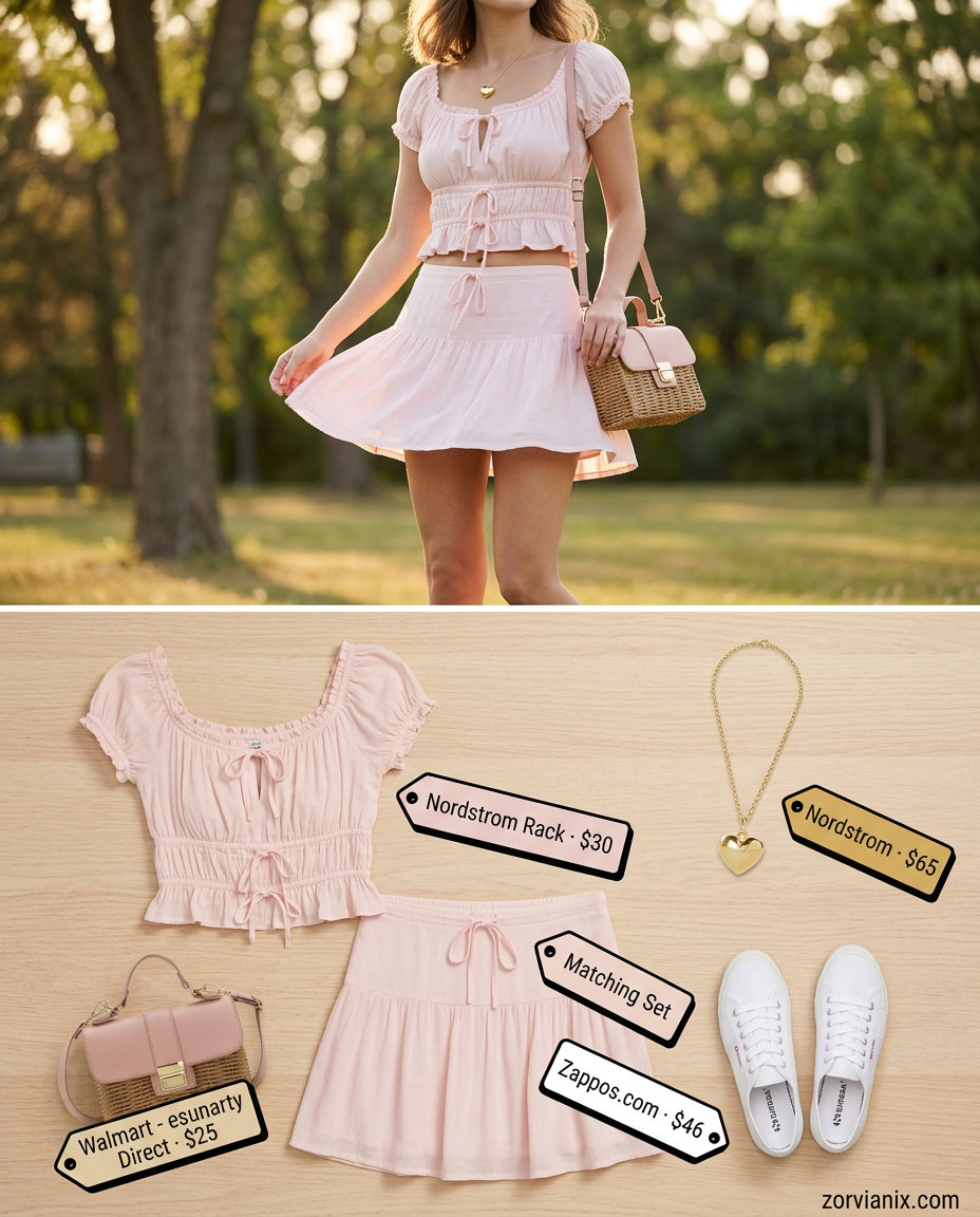 Sweetheart Puff Sleeve Set outfit: Blush pink mini skirt & crop top, white sneakers, straw bag. Feminine for picnic.