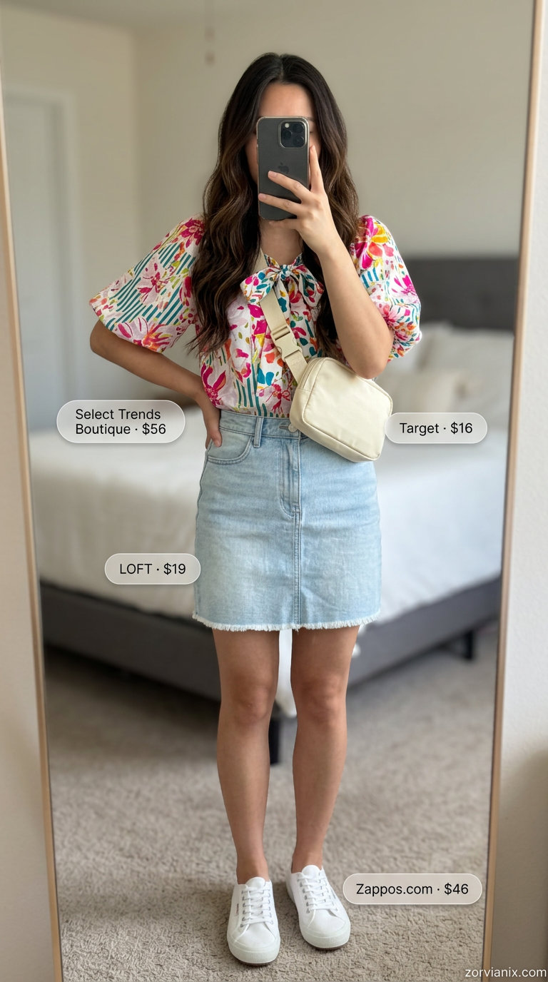 Denim Darling Mini skirt outfit: Light wash denim skirt, floral puff sleeve blouse, sneakers. Playful for casual day out.
