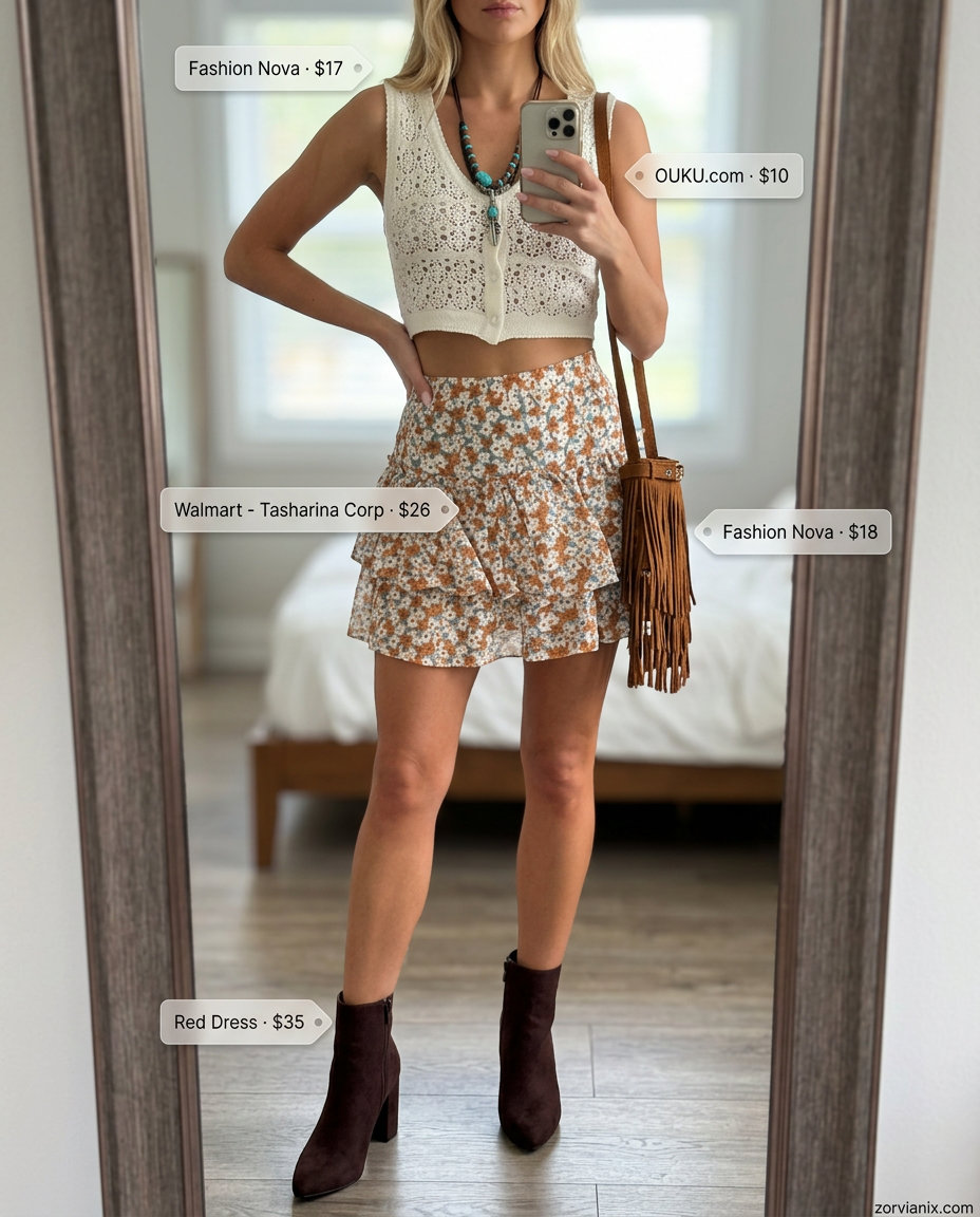 Floral print micro mini skirt outfit for women 2026. Bohemian festival style.