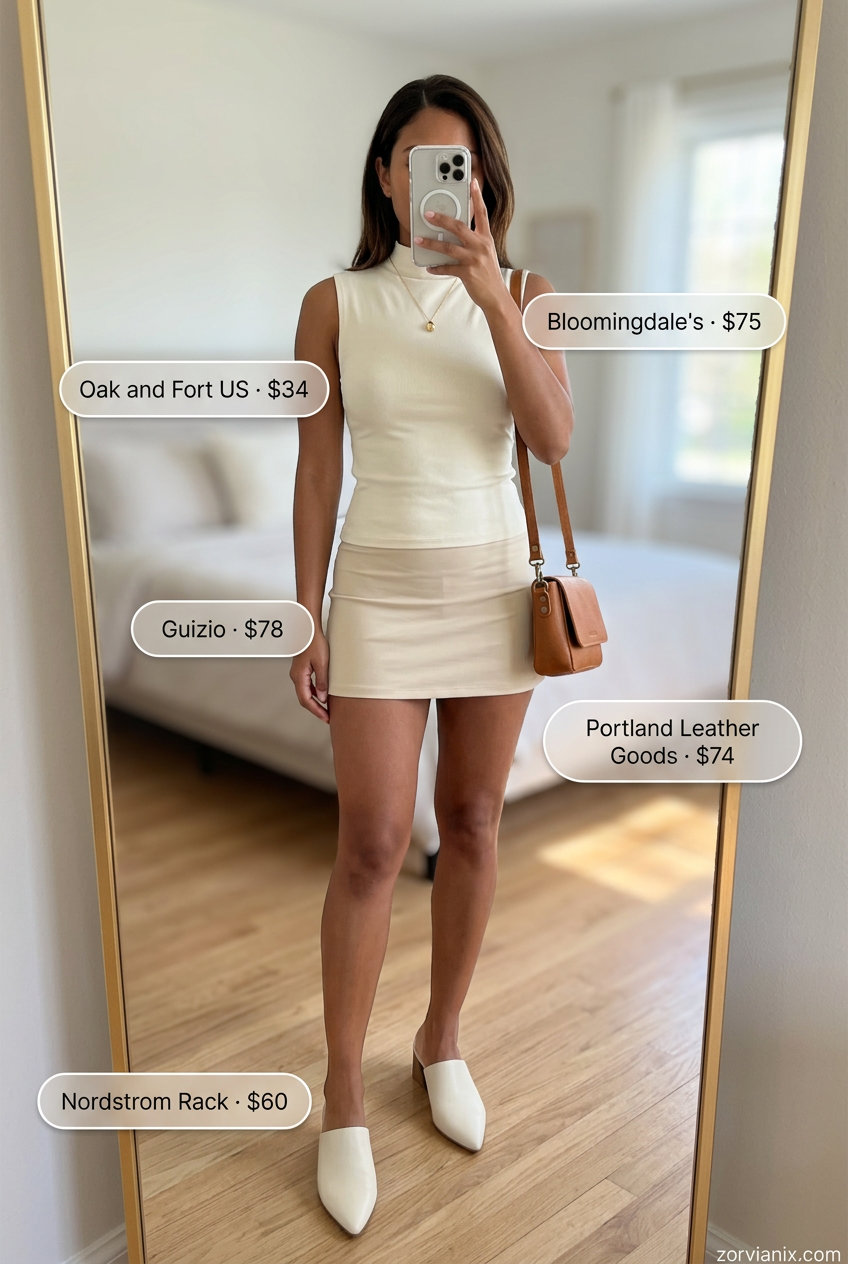 Beige structured micro mini skirt outfit for women 2026. Modern minimalist style.