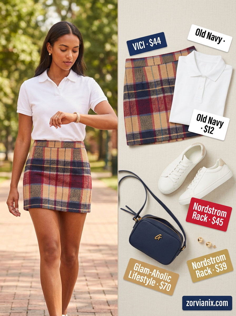 Playful Preppy micro mini skirt outfit: Navy plaid skirt, white polo, sneakers. Ideal for college campus.