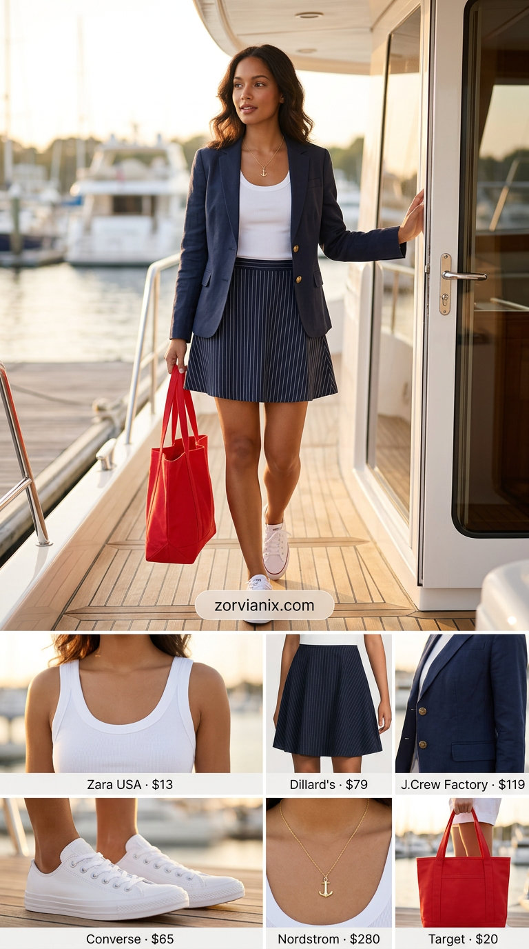 Navy and white striped A-line micro mini skirt outfit for women 2026. Preppy summer style.