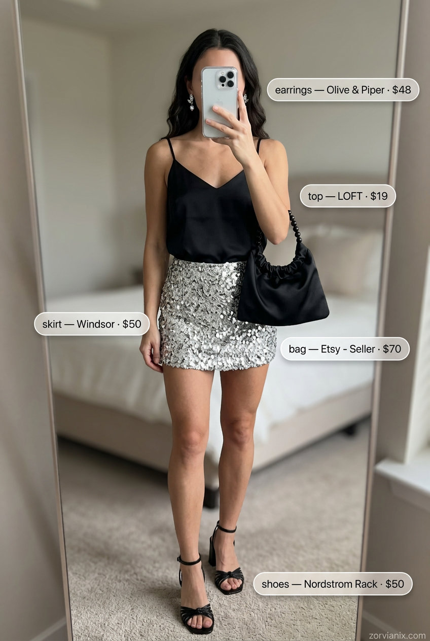 Glow Up Micro Mini skirt outfit: Silver sequin skirt, black camisole, heels & clutch. Glamorous for night out.