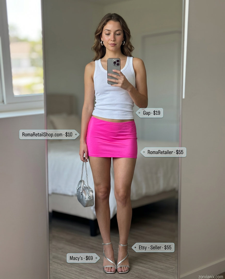Hot pink micro mini skirt outfit for women 2026. Playful summer evening style.
