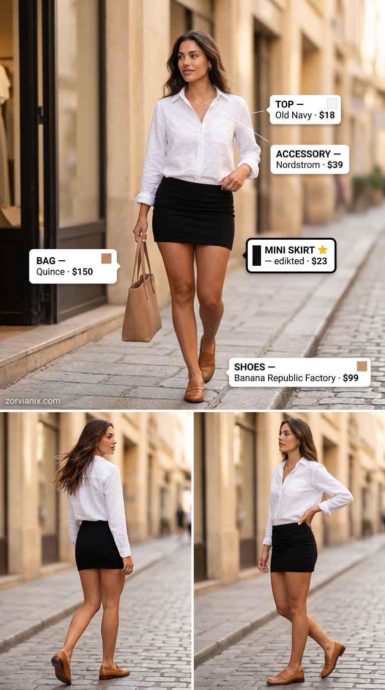 Versatile mini mini skirt outfit for women 2026. Smart casual summer style.