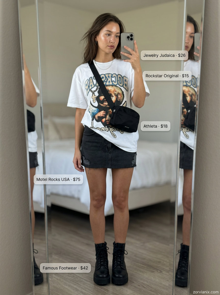 Edgy black denim micro mini skirt outfit for women 2026. Urban streetwear style.