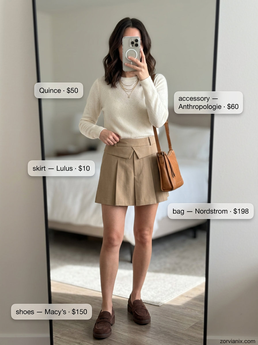 Khaki pleated micro mini skirt outfit for women 2026. Chic weekend brunch style.