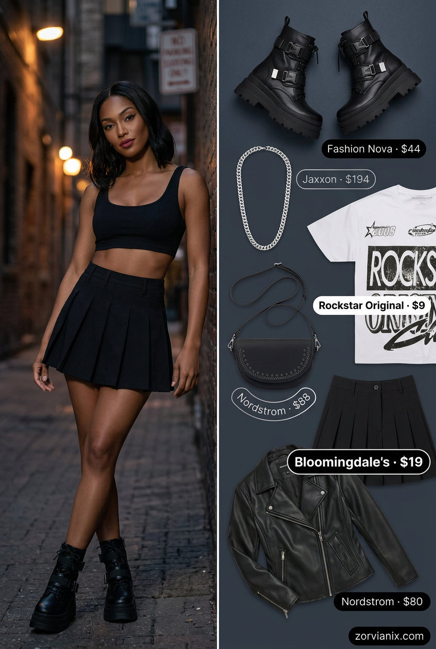 Summer Micro Mini Skirt Outfits for Women 2026: Black pleated skirt, graphic tee, moto jacket, combat boots for concerts.