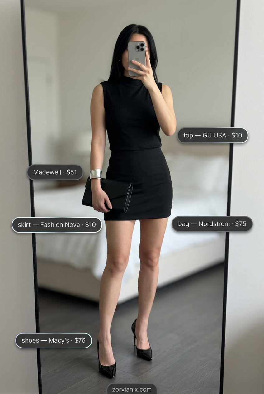 Summer Micro Mini Skirt Outfits for Women 2026: Grey knit skirt, mock neck top, stiletto heels for chic evening.