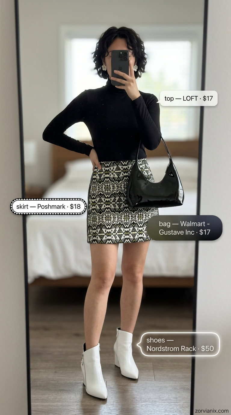 Summer Micro Mini Skirt Outfits for Women 2026: Geometric print skirt, turtleneck, ankle boots for retro glam.
