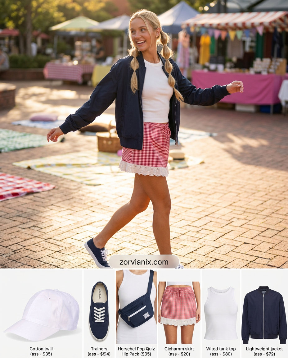 Summer Micro Mini Skirt Outfits for Women 2026: Gingham skirt, ribbed tank, bomber jacket for retro sporty.