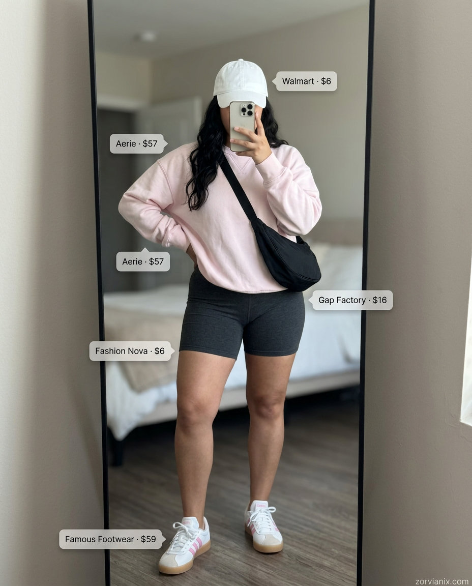 Athleisure charcoal biker shorts with pink sweatshirt for summer mom shorts outfits 2026.