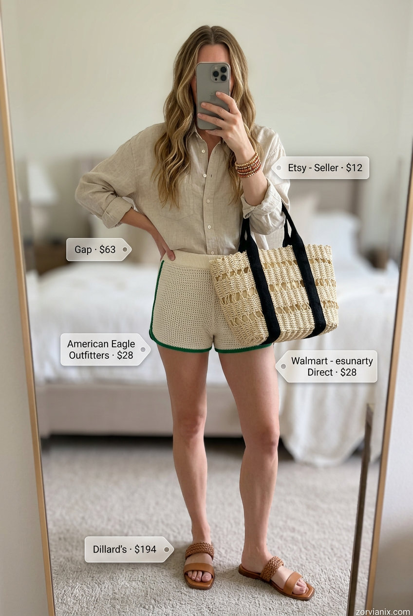 Summer Mom Shorts Outfits for Women 2026: Crochet shorts, linen shirt, straw tote for boho beach style.