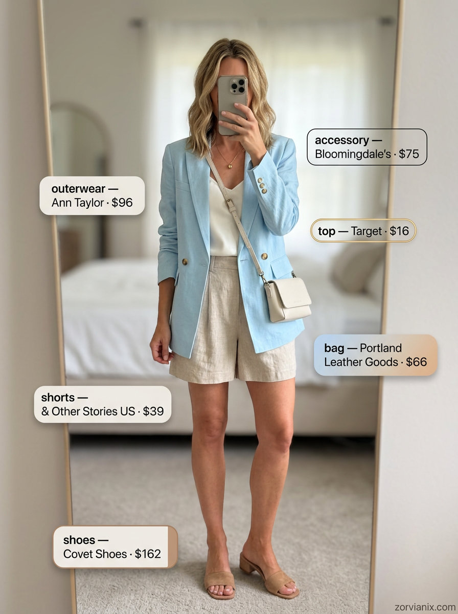 Chic beige linen shorts with blue blazer for summer mom shorts outfits 2026 brunch.