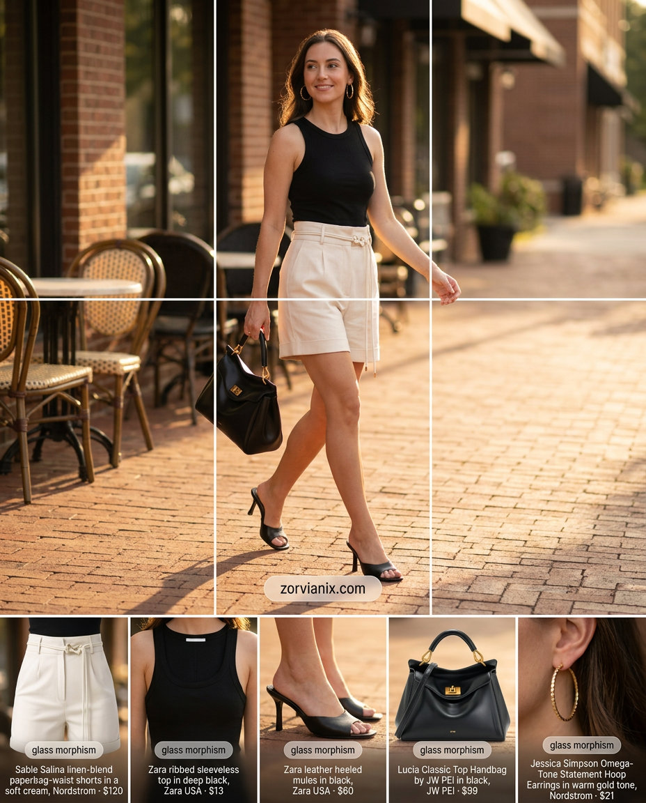 Summer Mom Shorts Outfits for Women 2026: Cream paperbag shorts, black knit top, gold hoops for a chic brunch look.