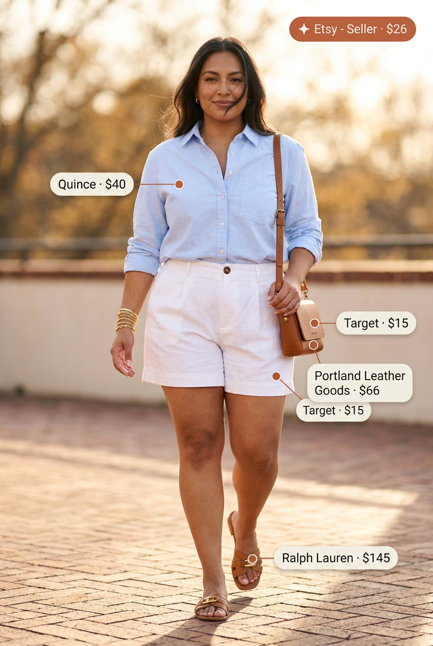 Summer Mom Shorts Outfits for Women 2026: Tailored white shorts, blue shirt, leather sandals for a chic summer breeze.