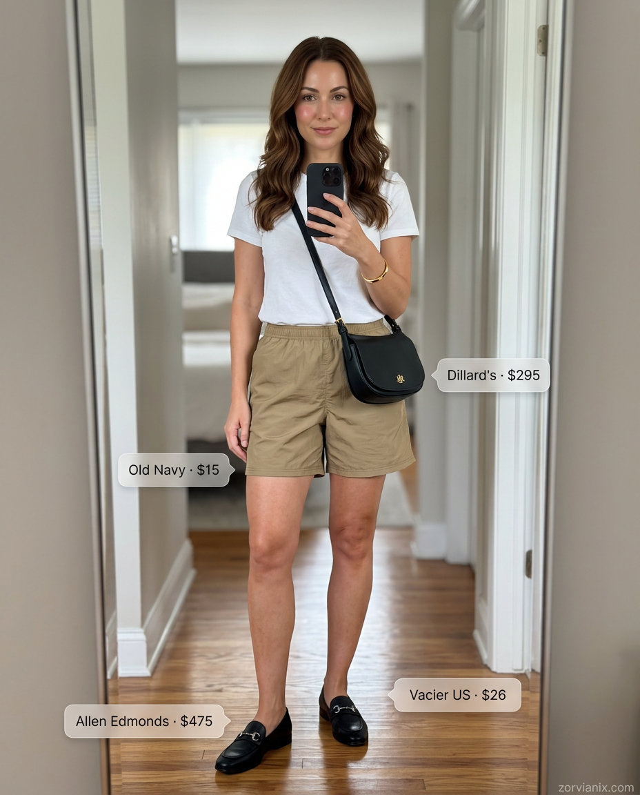 Summer Mom Shorts Outfits for Women 2026: Camel vest, black loafers, black crossbody for city sightseeing.