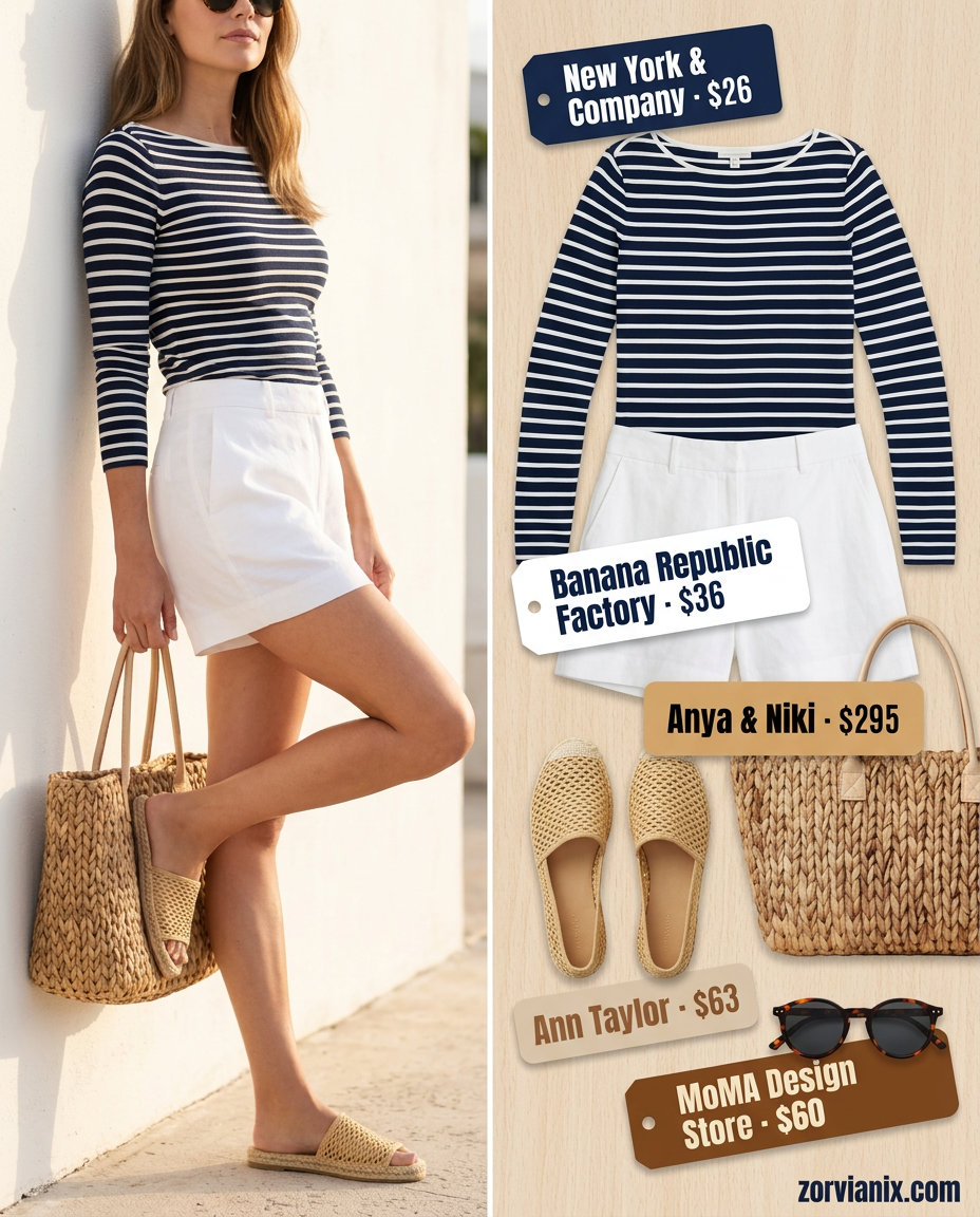 Summer Mom Shorts Outfits for Women 2026: Linen shorts, navy striped top, espadrille slides for coastal style.