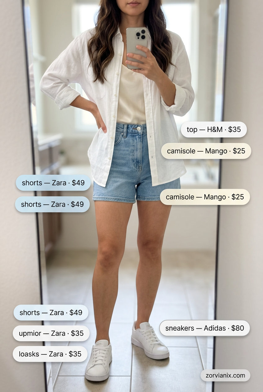 Summer Mom Shorts Outfits for Women 2026: Light wash denim shorts, striped shirt, straw tote for a coastal vibe.