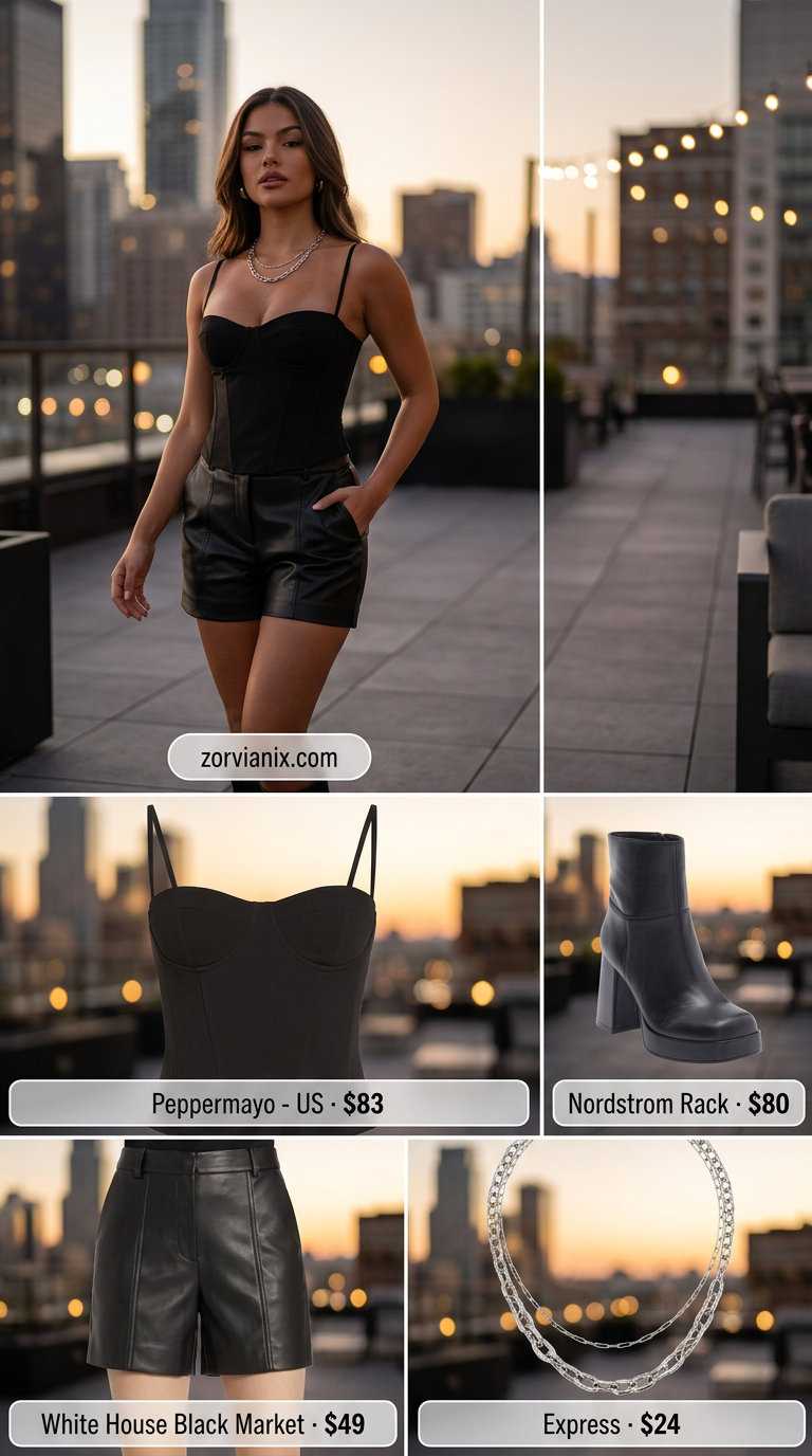 Edgy black faux leather shorts with corset top for summer mom shorts outfits 2026 night out.