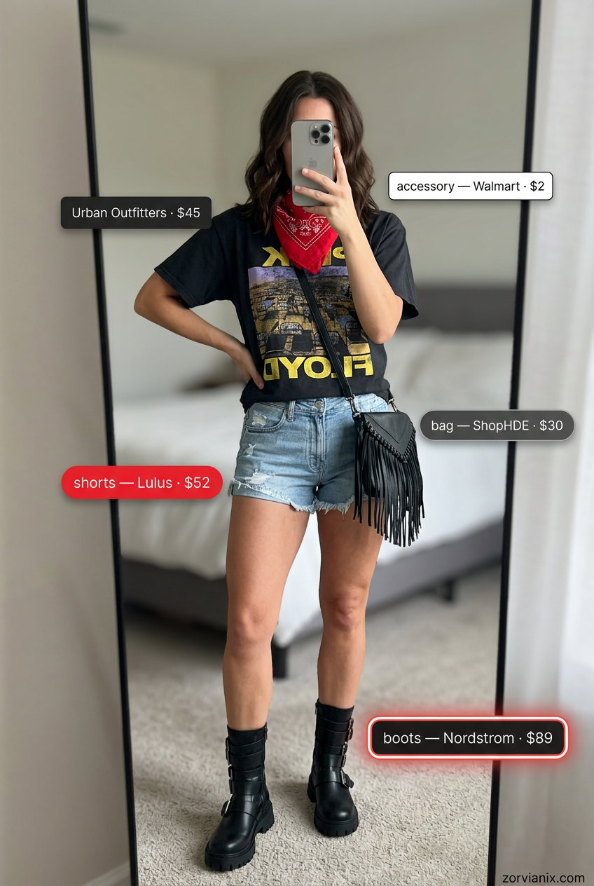 Festival ready denim shorts with graphic tee and combat boots for summer mom shorts outfits 2026.
