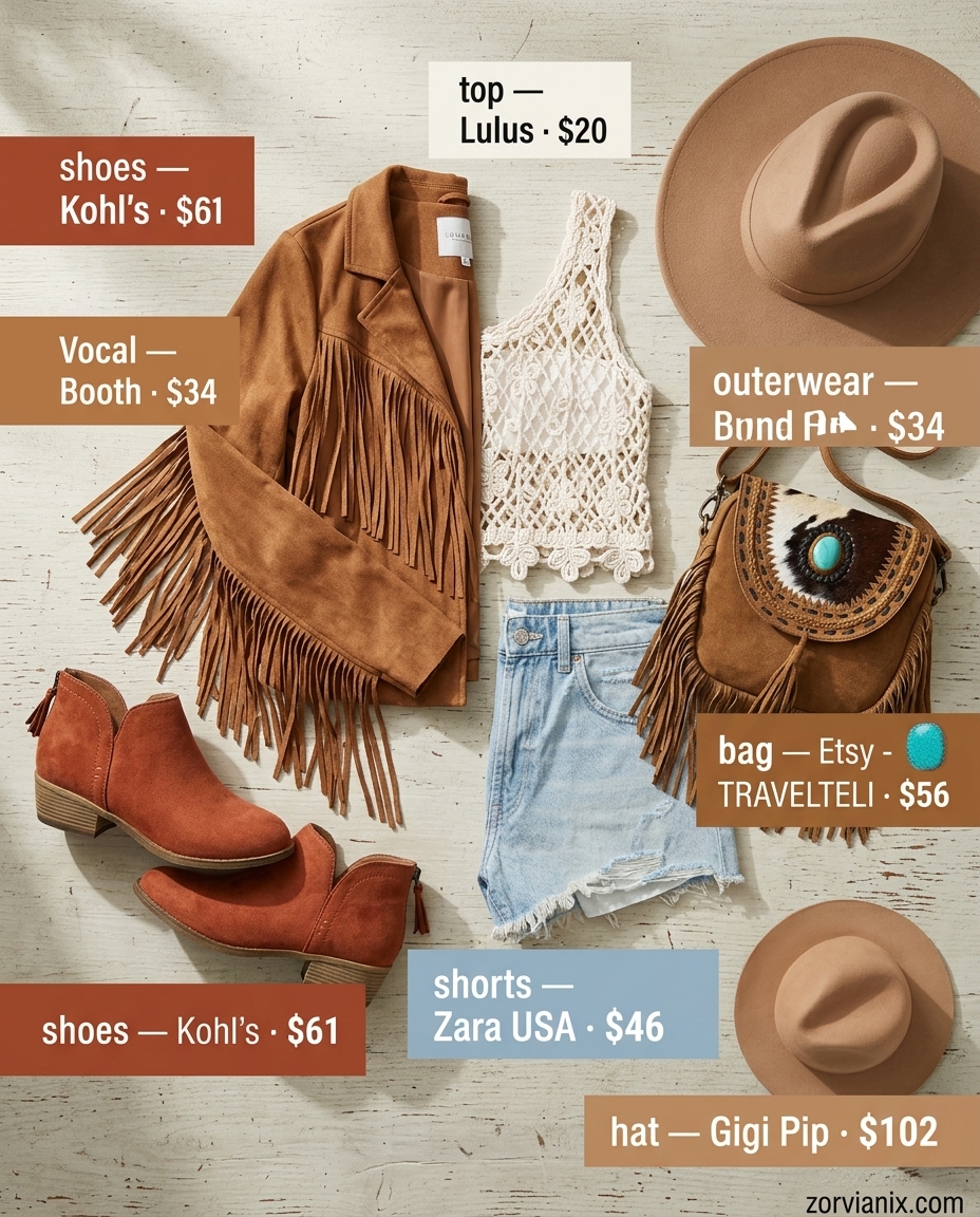 Summer Mom Shorts Outfits for Women 2026: Distressed denim shorts, crochet top, fringe jacket for festival vibes.