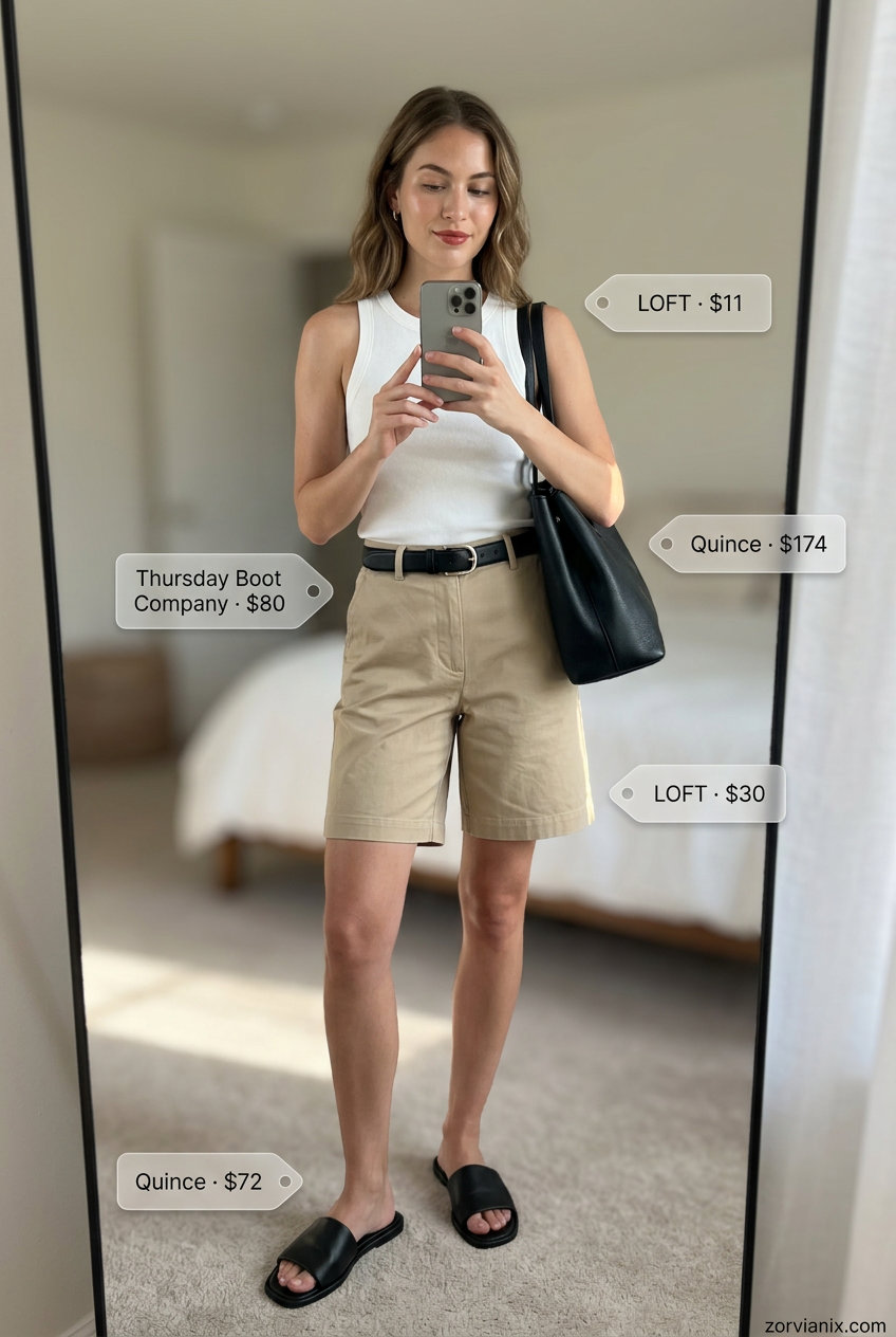 Summer Mom Shorts Outfits for Women 2026: Tailored Bermuda shorts, knit tank, leather slides for minimalist chic.