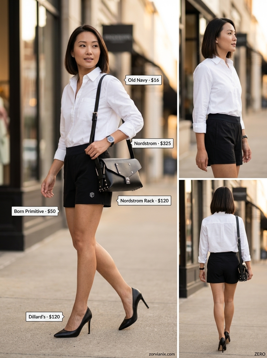 Modern classic grey shorts outfit with white button-down for summer mom shorts outfits 2026 office.