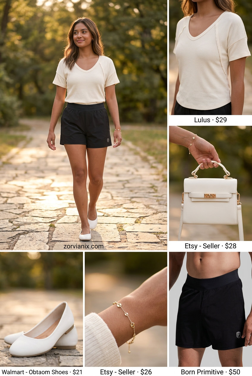 Summer Mom Shorts Outfits for Women 2026: Cream knit top, white crossbody, ballet flats for a picnic.