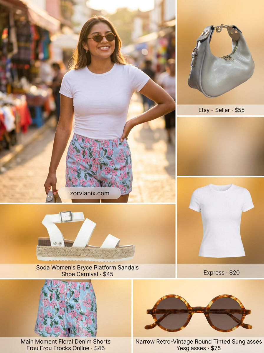 Summer Mom Shorts Outfits for Women 2026: Floral denim shorts, white tee, platform sandals for a retro cool look.