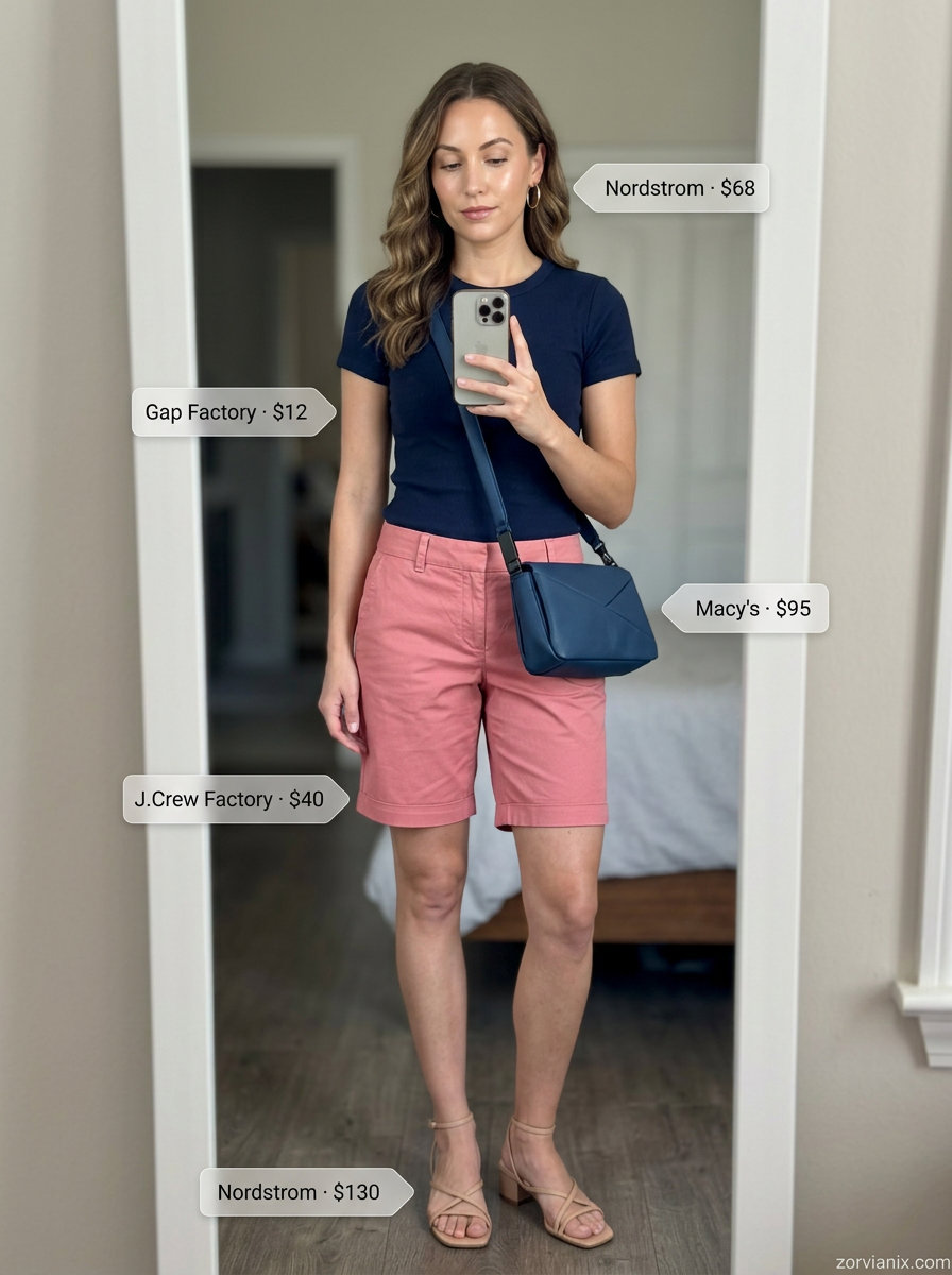 Summer Mom Shorts Outfits for Women 2026: Coral tailored shorts, navy knit top, tan block heels for a sunset cruise.