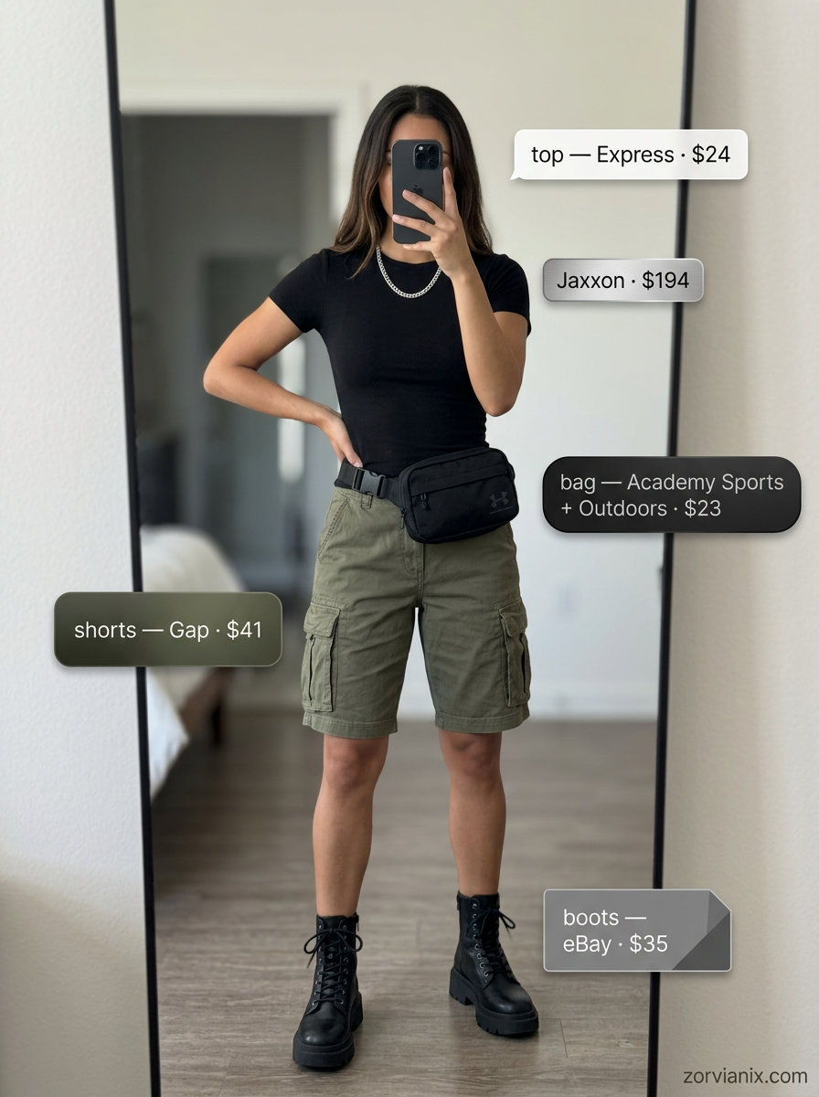 Summer Mom Shorts Outfits for Women 2026: Olive cargo shorts, black tee, combat boots for urban style.