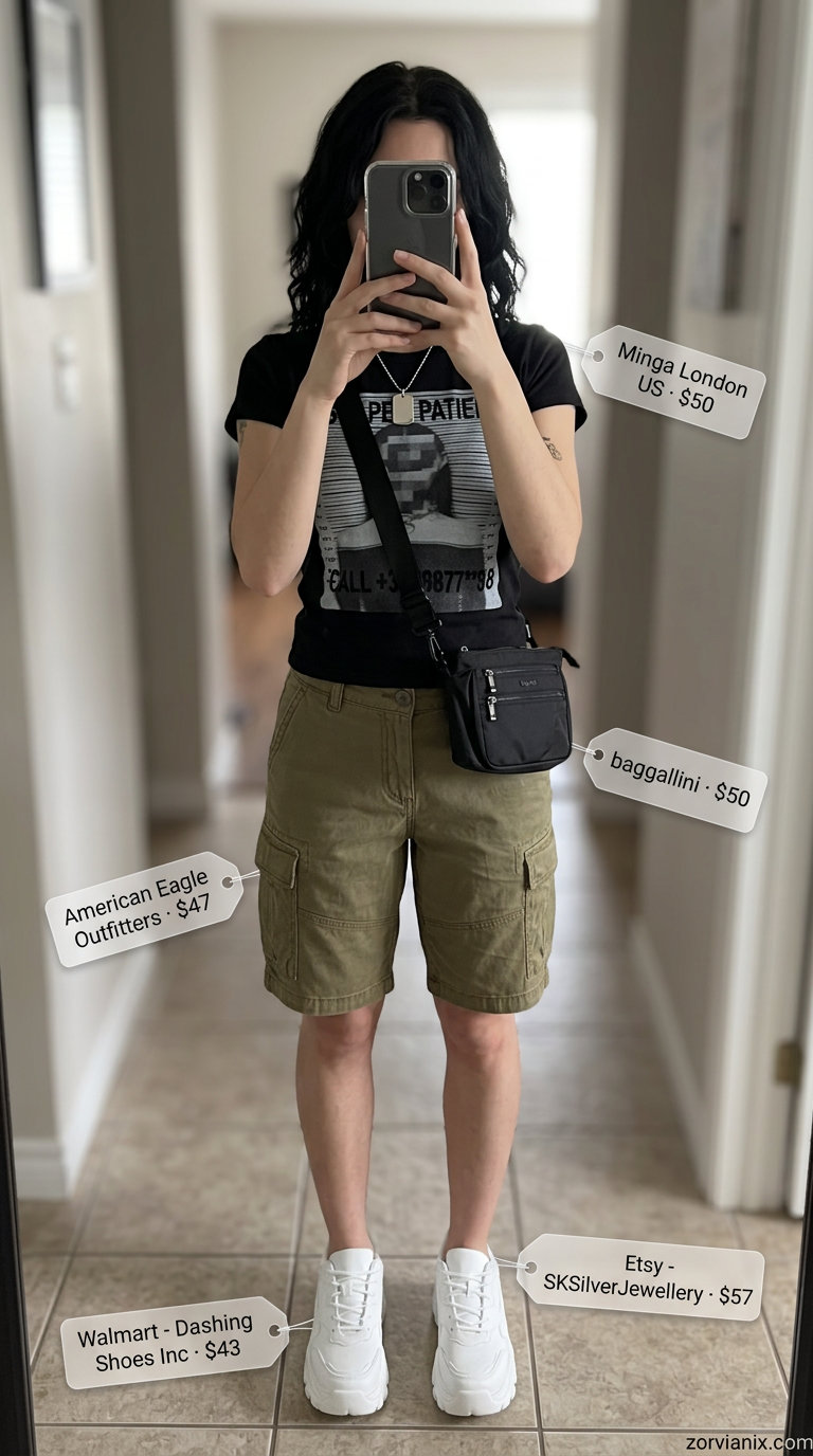Summer Mom Shorts Outfits for Women 2026: Cargo shorts, graphic tee, chunky sneakers for an urban explorer look.