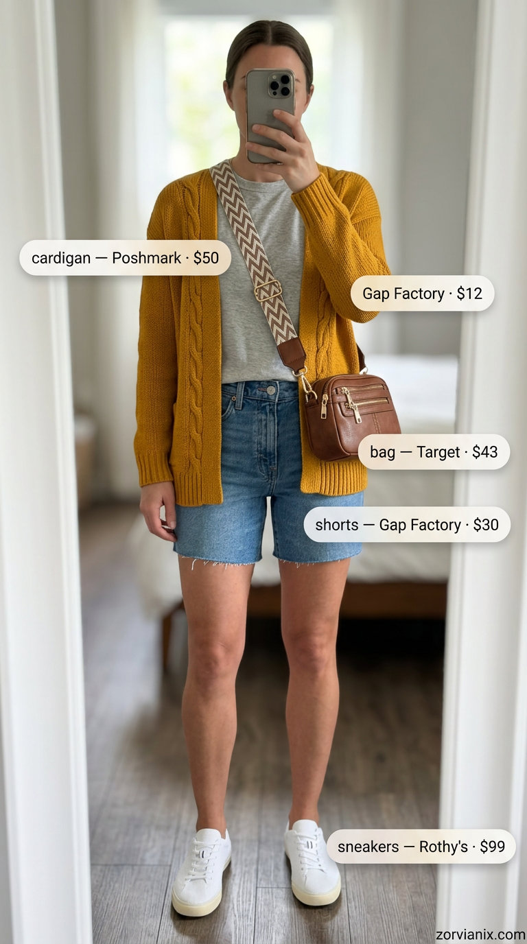 Summer Mom Shorts Outfits for Women 2026: Denim shorts, grey tee, mustard cardigan for a weekend getaway.
