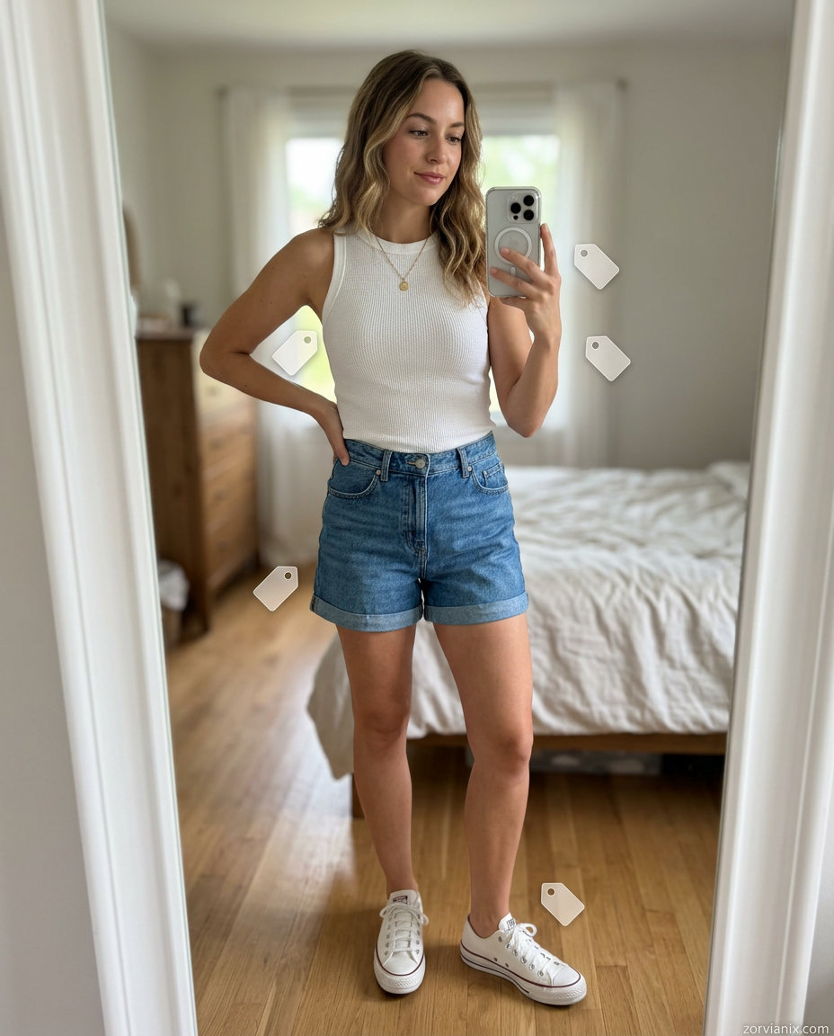 Summer Mom Shorts Outfits for Women 2026: Light wash mom shorts, white oversized shirt, canvas tote.