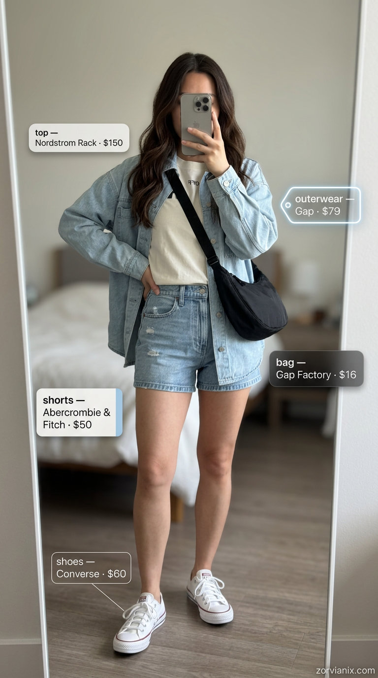 Casual denim shorts with graphic tee and denim jacket for summer mom shorts outfits 2026 weekend.