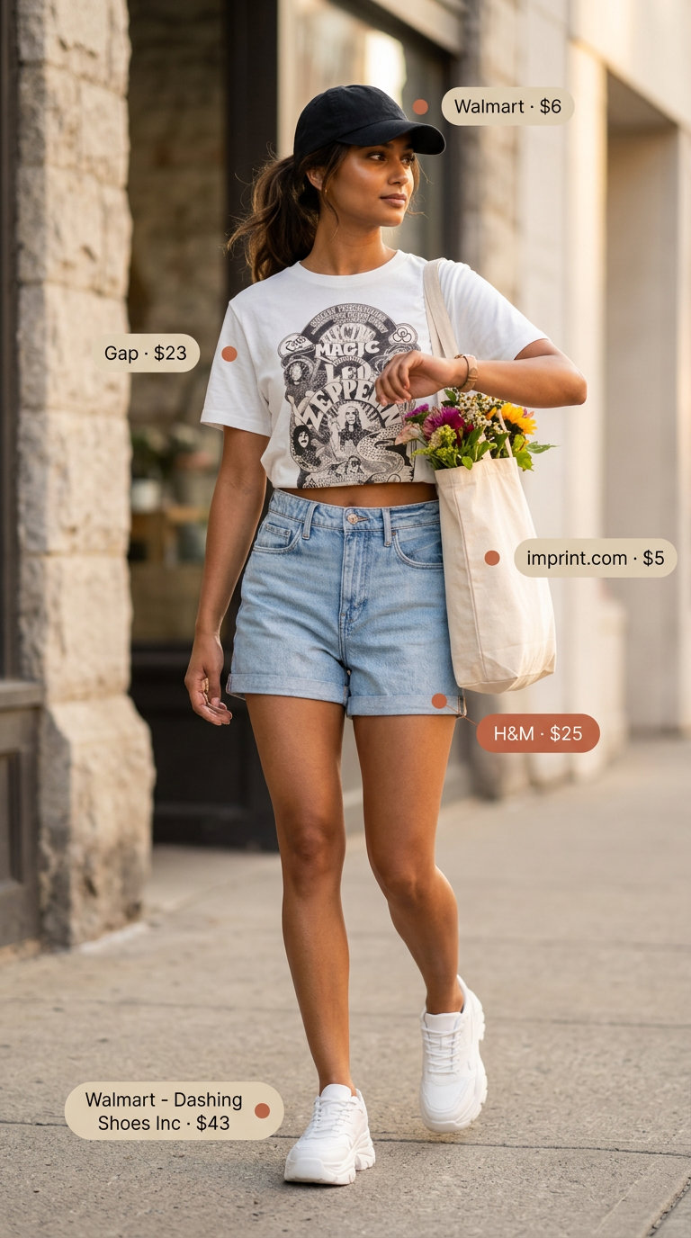 Summer Mom Shorts Outfits for Women 2026: Denim mom shorts, graphic tee, sneakers for a relaxed weekend look.