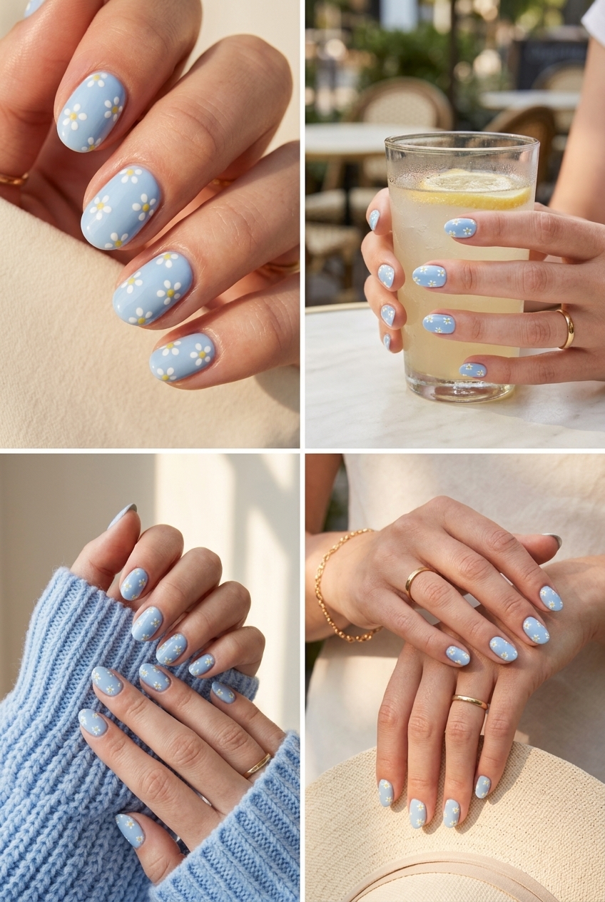 Sweet dainty daisy dots on pastel blue for summer nail manicure ideas 2026, perfect for casual outings.