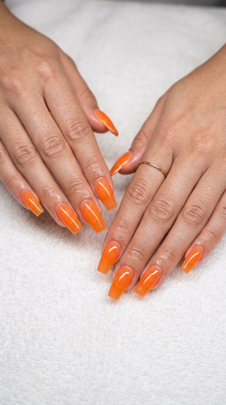 Bold translucent jelly orange flare nails for summer nail manicure ideas 2026, perfect for festivals and parties.