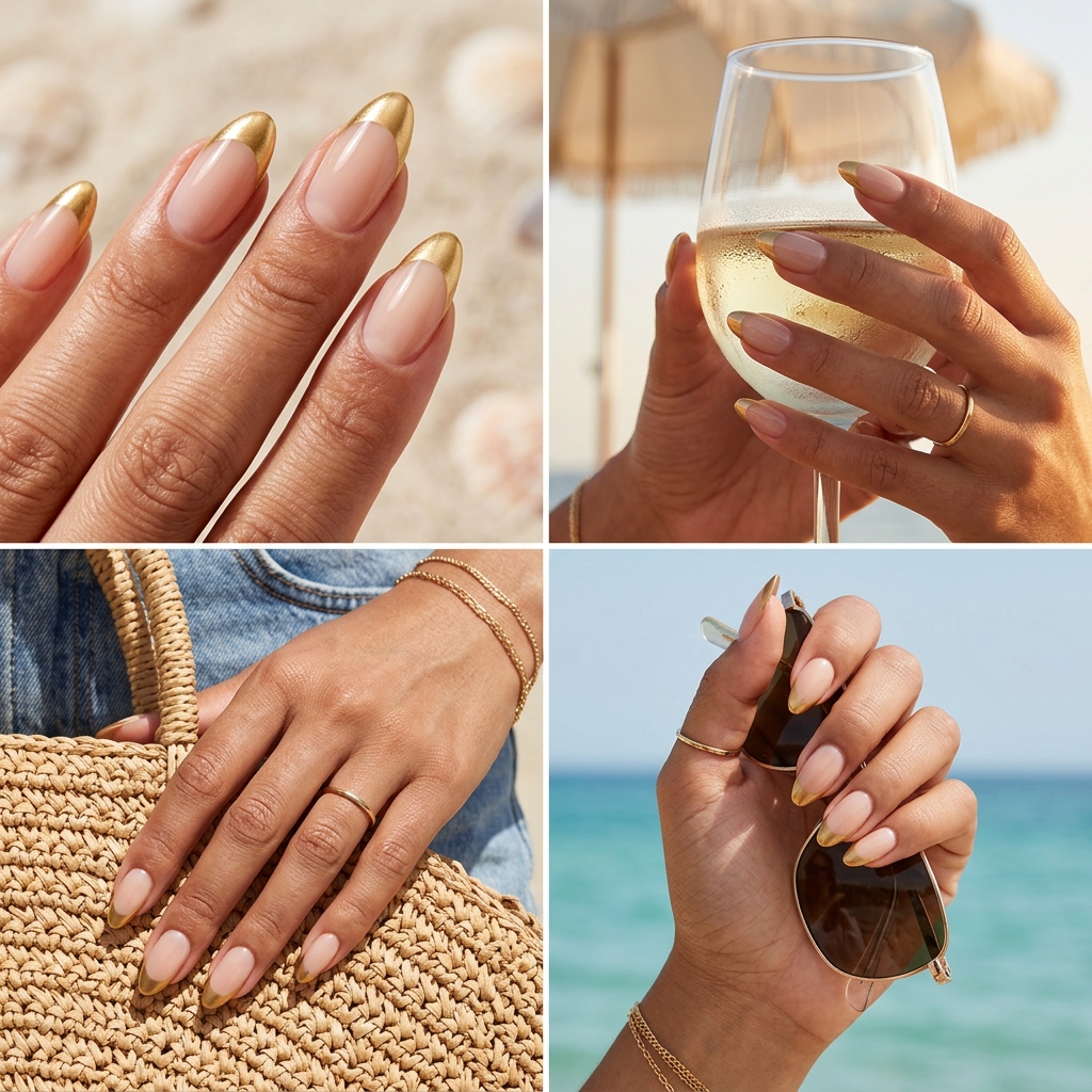 Glamorous gilded summer French manicure ideas 2026 with metallic gold tips on sheer nude.