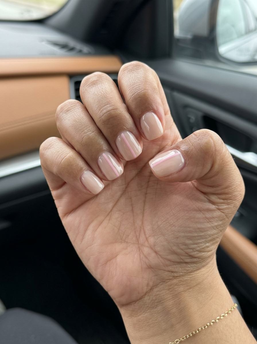 Minimalist pink lines nails with sheer nude and soft pink for daily wear or work. Clean, understated summer nail manicure ideas 2026.