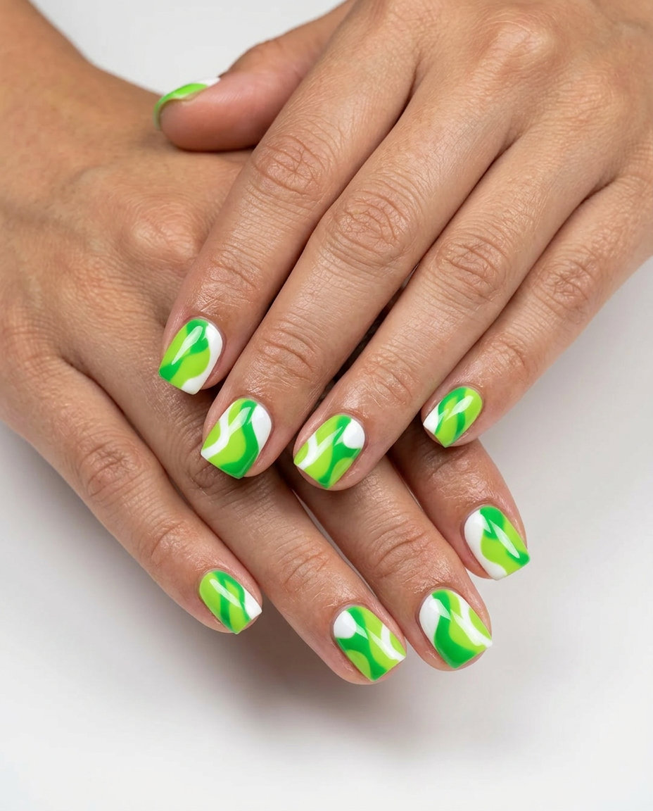 Abstract Citrus Splash Square Nails 2026 Abstract Citrus Splash Square nails for summer 2026: lime green and white abstract shapes.