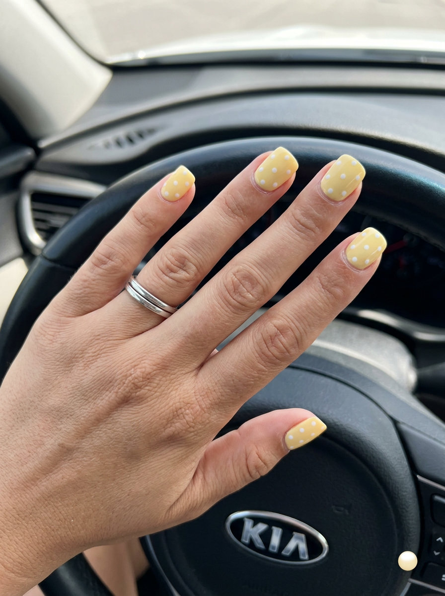 Butter Yellow Polka Dot Square Nails 2026 Butter yellow with white polka dots on square nails for summer nails square 2026 casual outfits.