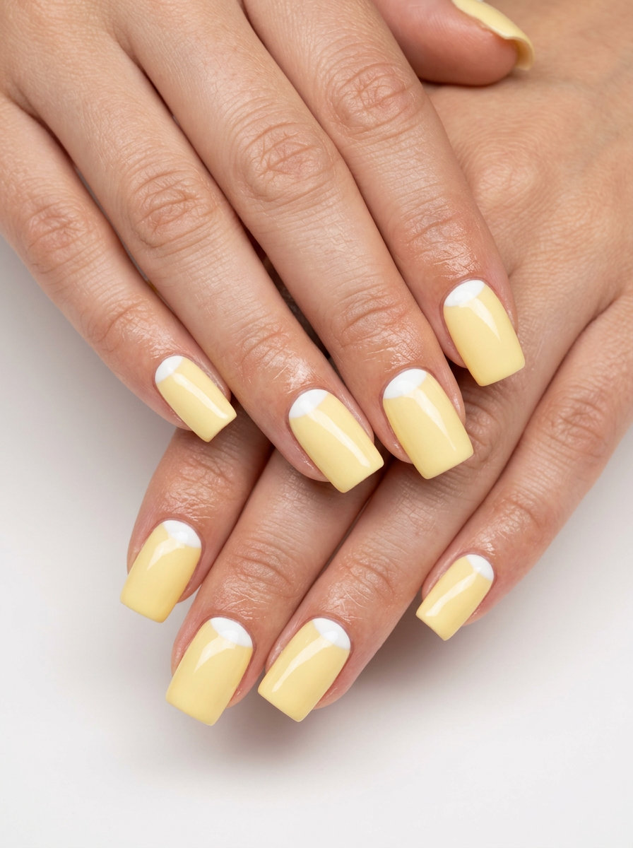 Butter Yellow Reverse French Square Nails 2026 Butter yellow reverse French square nails for summer nails square 2026, ideal for casual weekends and brunch.