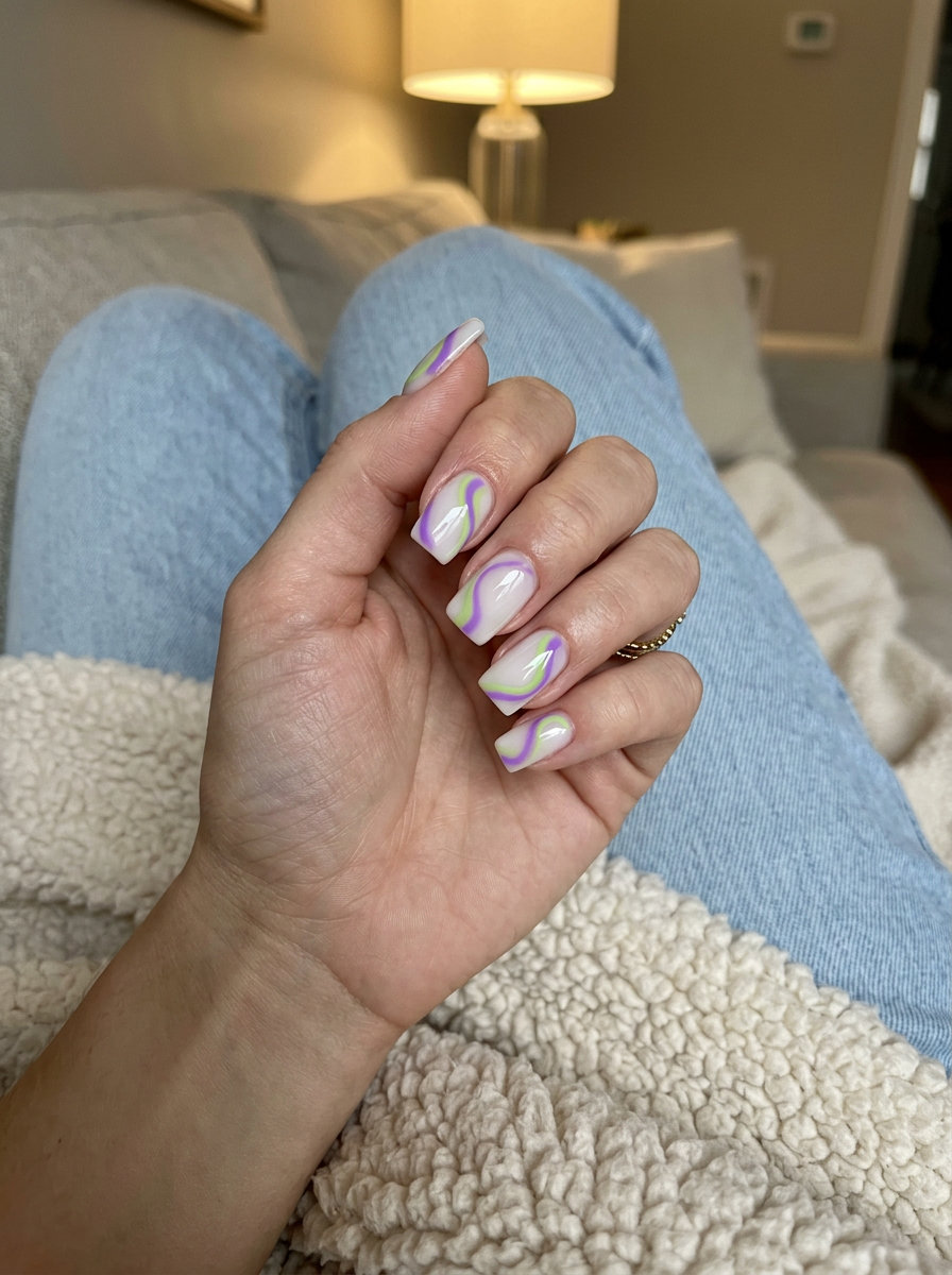 Electric Lavender Swirl Square Nails 2026 Electric lavender and lime green swirls on square nails for summer nails square 2026 festival outfits.