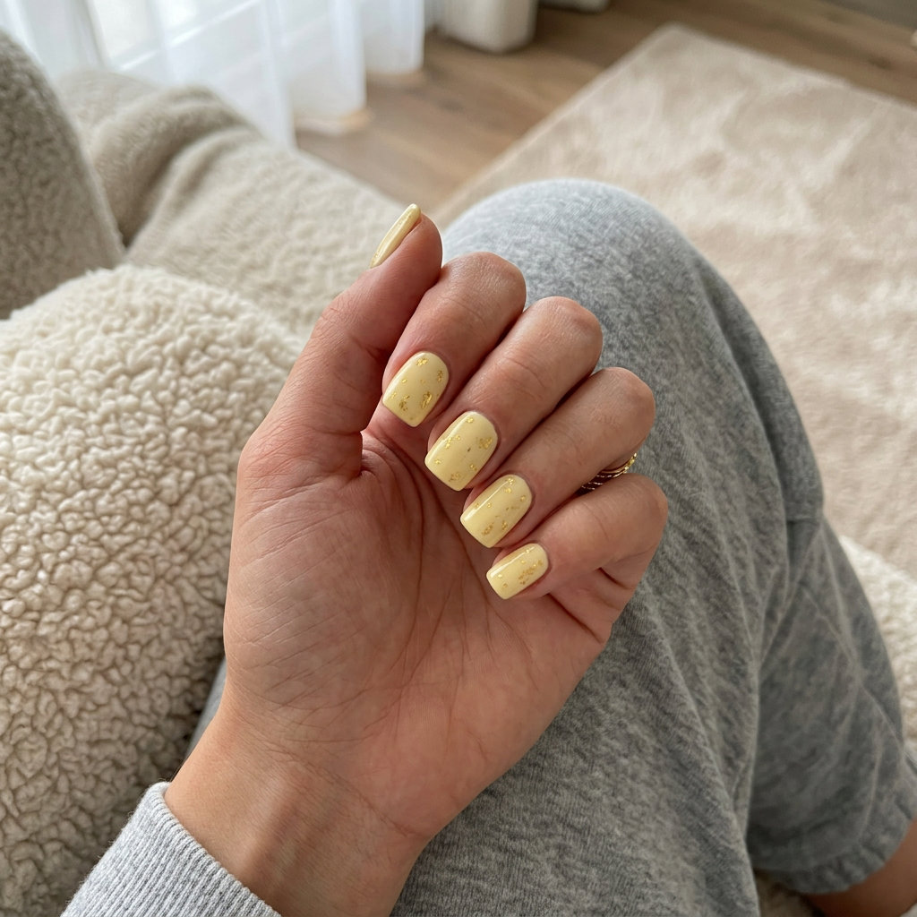 Golden Butter Flakes Square Nails 2026 Golden Butter Flakes Square nails for summer 2026: butter yellow with scattered gold foil.