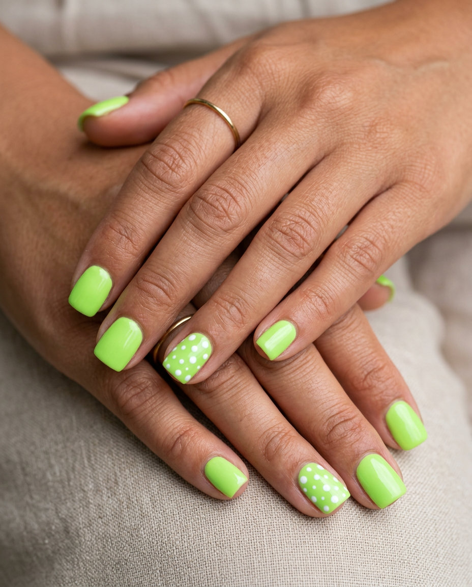 Lime Green Neon Accent Square Nails 2026 Lime green neon with white dots on square nails for summer nails square 2026 festival outfits.